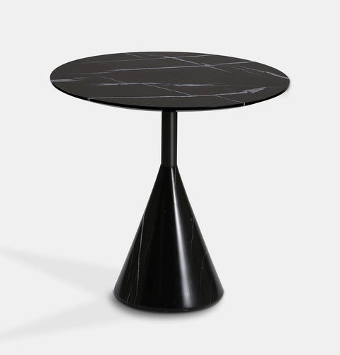 24" Round, modern black marble side table with cone base