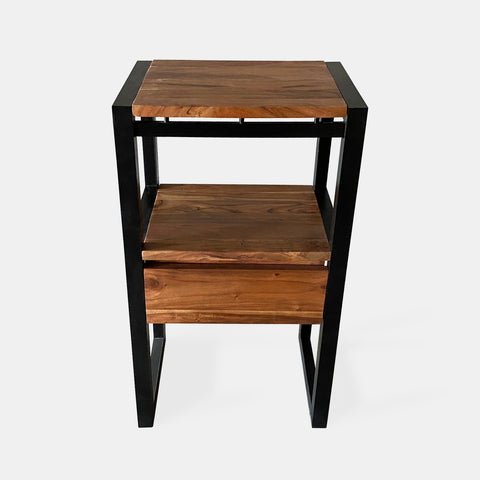 Night table in solid acacia wood with a black iron frame and one drawer.