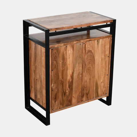Sideboard buffet in solid acacia wood with a black iron frame. One shelf and two doors.