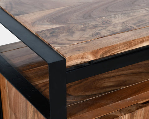 Sideboard buffet in solid acacia wood with a black iron frame. One shelf and two doors.