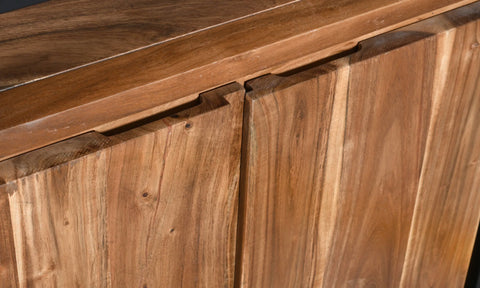 Sideboard buffet in solid acacia wood with a black iron frame. One shelf and two doors showing door detail