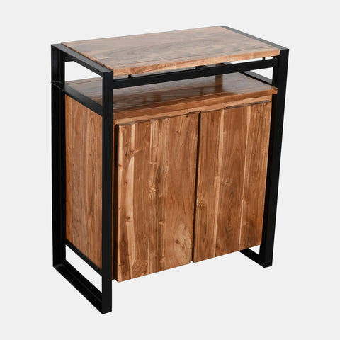 Sideboard buffet in solid acacia wood with a black iron frame. One shelf and two doors.