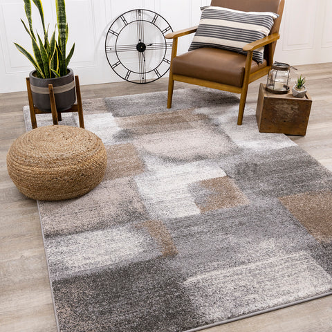 Breeze Rug - Grey & Brown Patches in living room setting