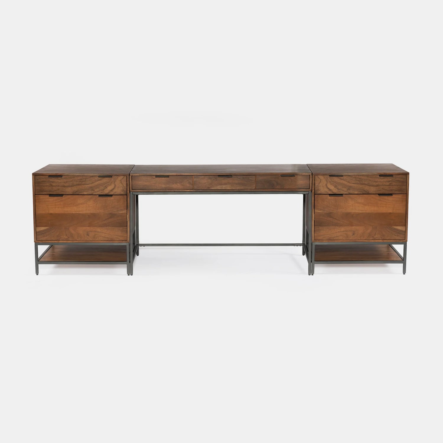 Solid acacia wood 3 piece desk in honey brown finish with industrial black metal frame. One filing cabinet on each end with desk in middle.