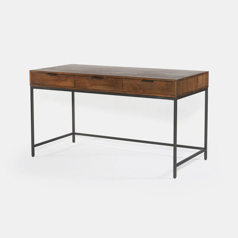 Solid acacia wood desk in honey brown finish with industrial black metal frame. Showing only the desk.