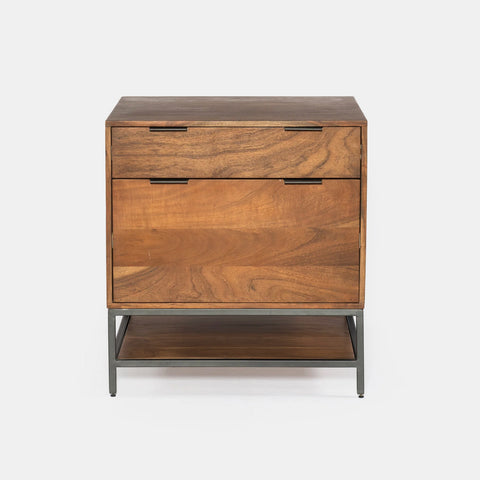 One of 2 Solid acacia wood filing cabinets in honey brown finish with industrial black metal frame. Showing 2 drawers