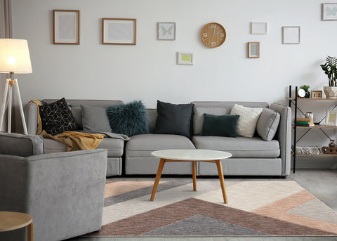 Cora Rug - Geometric Pink Taupe in living room setting