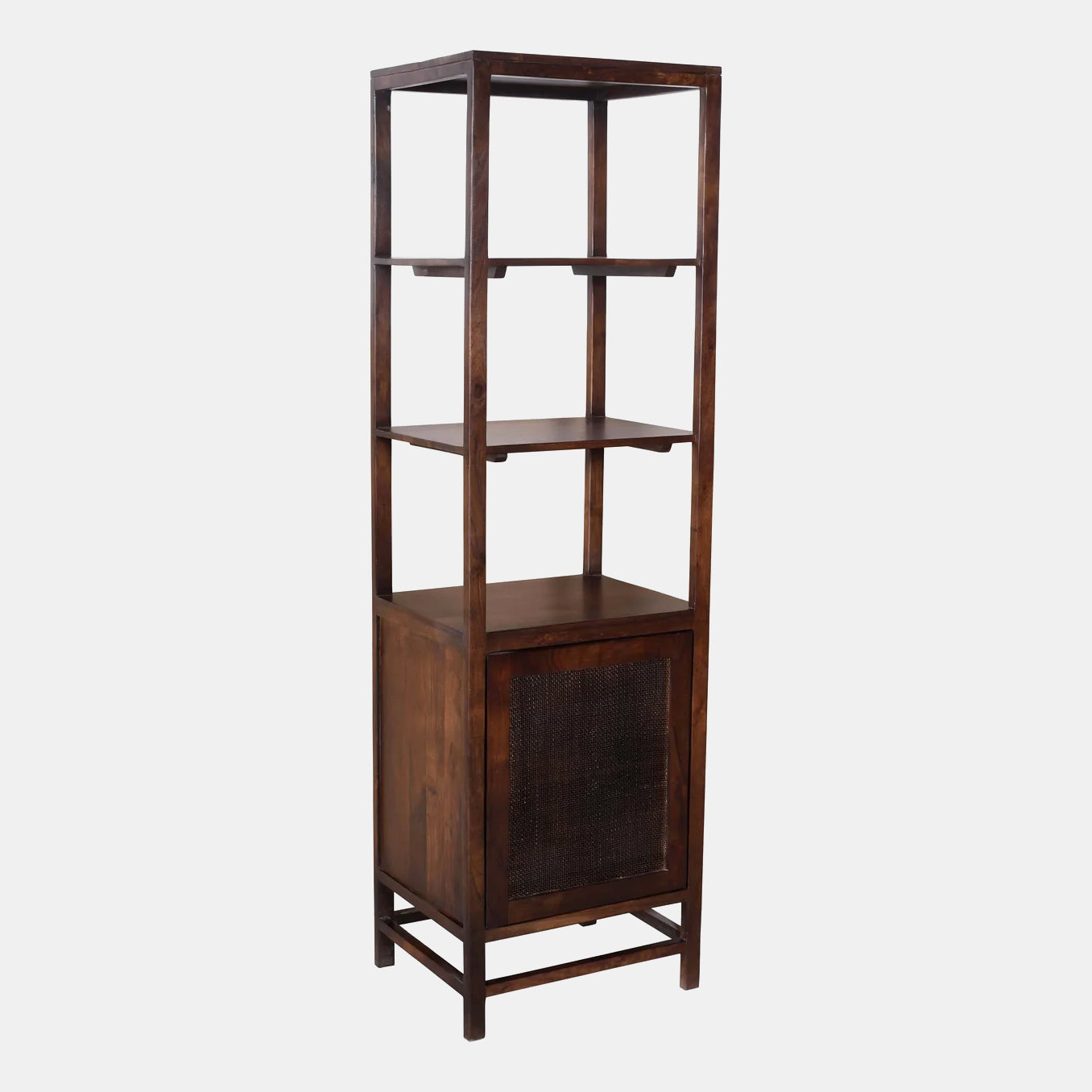 Solid reclaimed mango wood bookcase in dark brown finish.