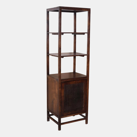 Solid reclaimed mango wood bookcase in dark brown finish.