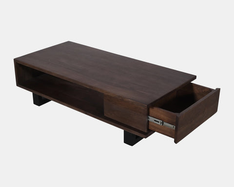Solid acacia wood coffee table in deep brown finish showing drawer opened.