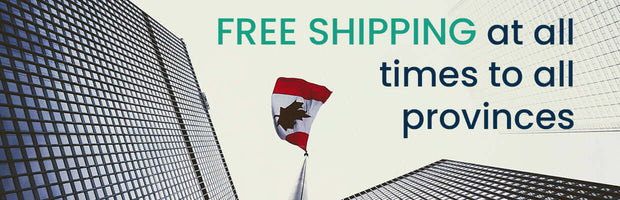 2 high rise buildings shot from below towards sky with Canadian flag in center. Superposed text reads: Free shipping at all times to all provinces.
