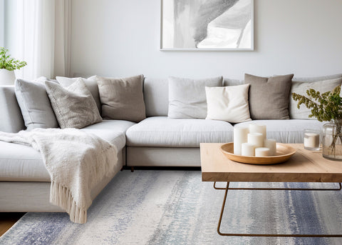 Fresco Distressed Rug - Blue Grey in living room setting