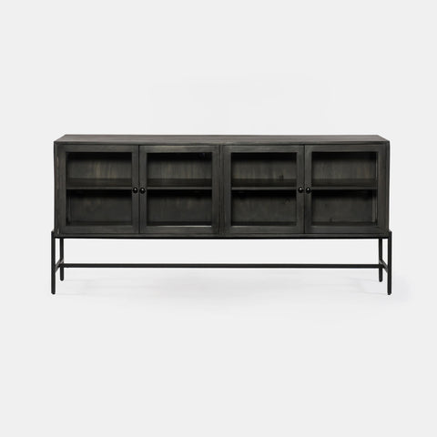 Solid mango wood sideboard in grey finish with 4 glass doors.