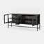 Solid mango wood sideboard in grey finish with 4 glass doors shown open.