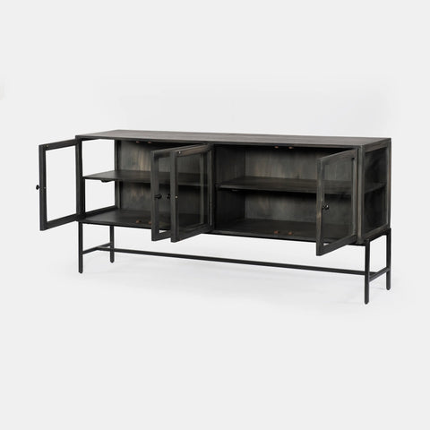 Solid mango wood sideboard in grey finish with 4 glass doors shown open.
