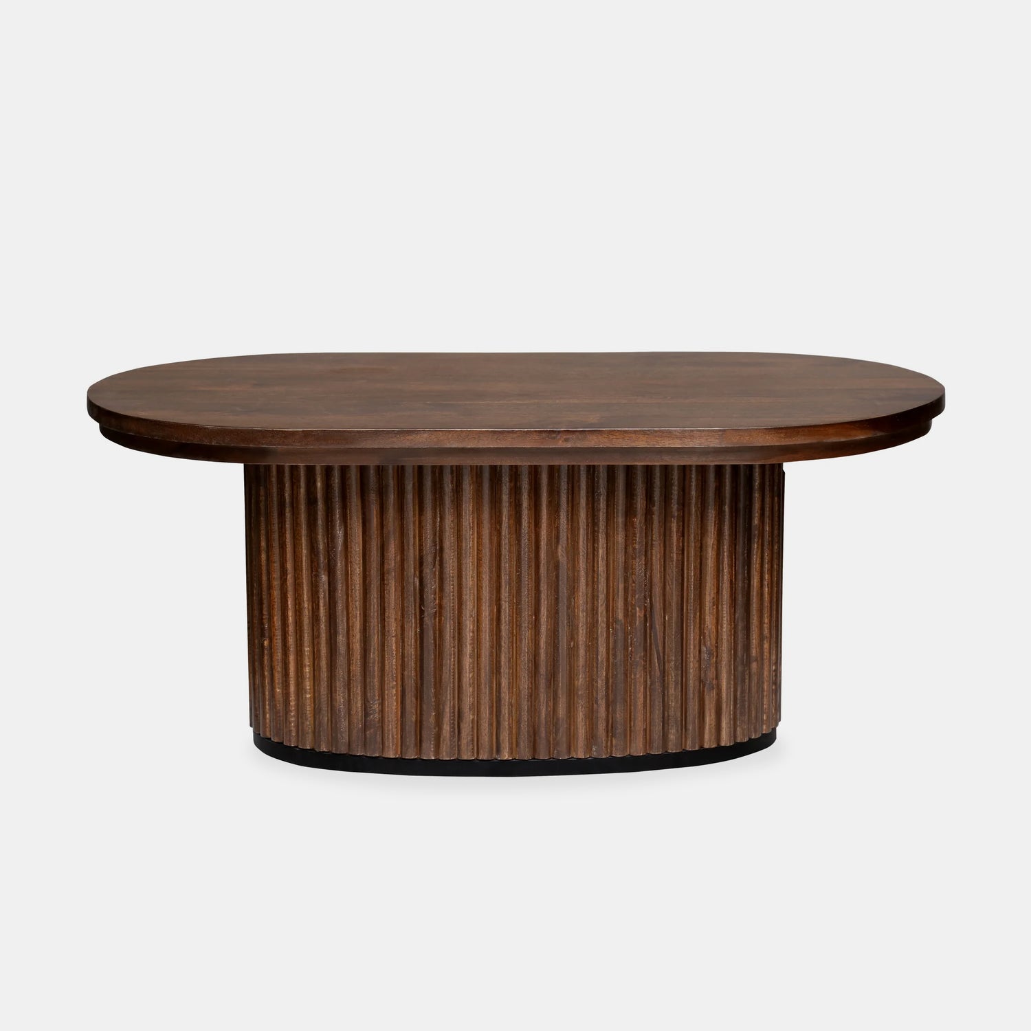 Solid mango wood oblong coffee table with repeating pattern ribbing base in brown finish.