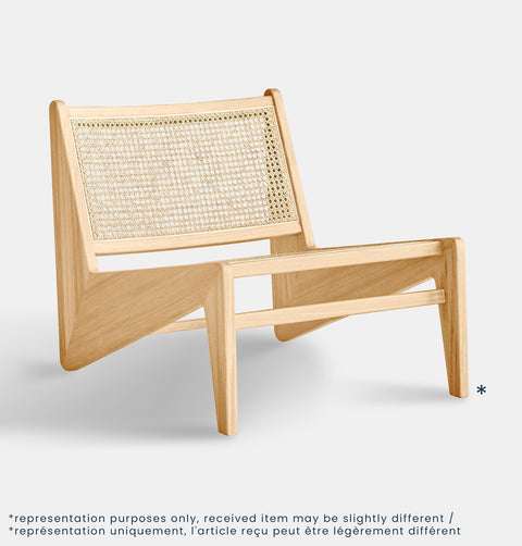 Lounge chair in natural stained ash wood frame with natural rattan seat and back.