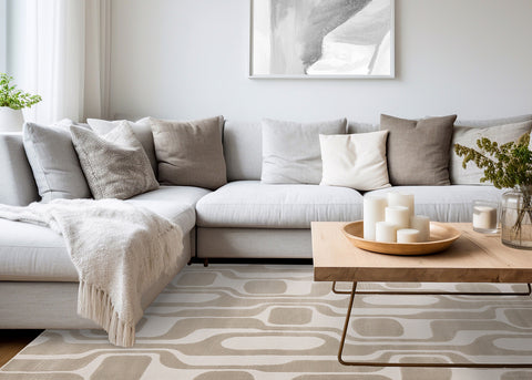 Leo Rug - Beige Mid-Century Modern in living room setting