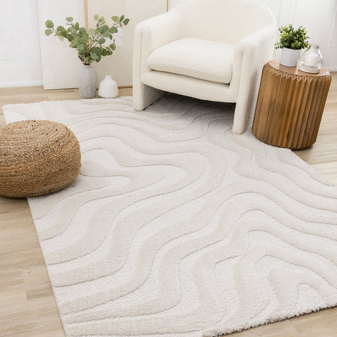 Luxe Rug - White Curvy Lines in living room setting