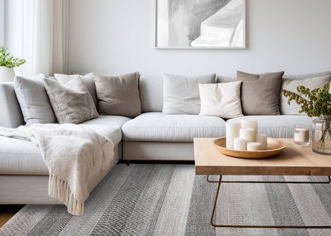 Mae Rug - Grey Taupe Bands in living room setting