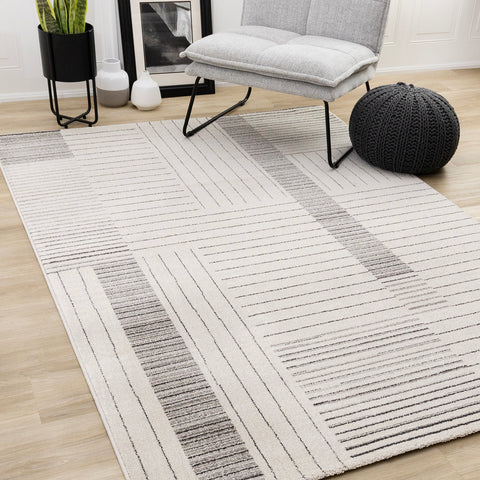Mae Rug - White Black Intricate Lines in living room setting
