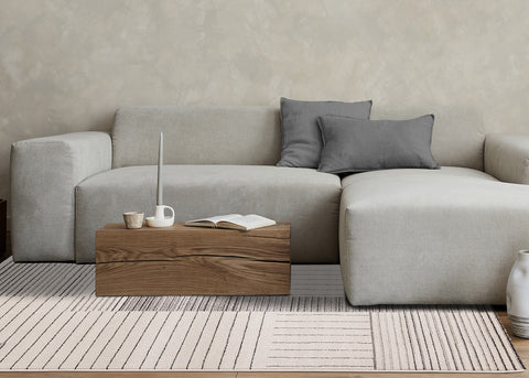 Mae Rug - White Black Intricate Lines in living room setting