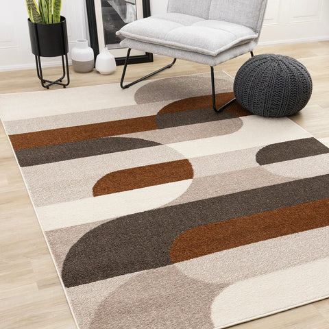 Malibu Rug - Curvy Geometric Taupe Oxblood in living room setting