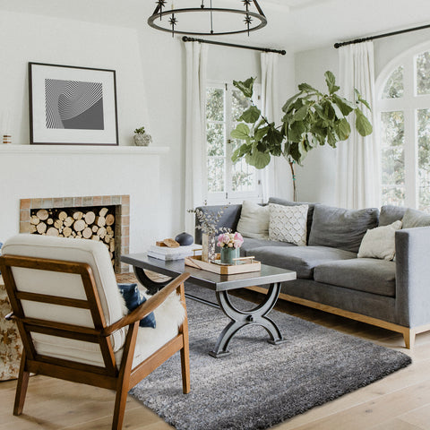 Maroq Shag Rug - Blue / Grey Stripes in living room setting