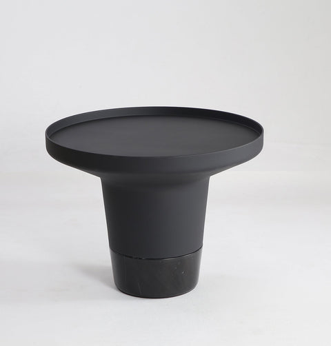 Minimal black powder coated aluminum side table resembling a pier bollard with a black marble base.