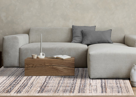 Swift Rug - Cream Taupe Distressed Lines in living room setting