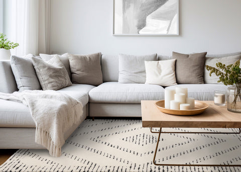 Talia Rug - Black Striped Diamond in living room setting