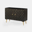 Solid mango wood sideboard in grey finish with golden iron legs in mid-century style. CNC carved detailed doors.