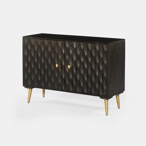 Solid mango wood sideboard in grey finish with golden iron legs in mid-century style. CNC carved detailed doors.