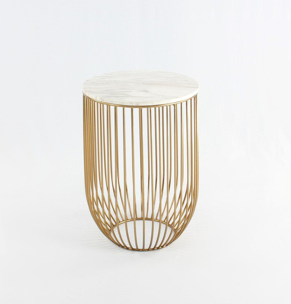Side Table in white Carrara Marble sitting on a gold chromed stainless steel base resembling a bird-cage