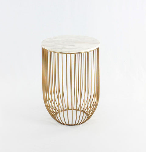 Side Table in white Carrara Marble sitting on a gold chromed stainless steel base resembling a bird-cage