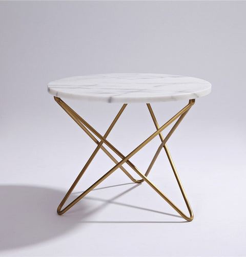 White marble top coffee / side table with intertwined hairpin legs in champagne gold chrome finish.